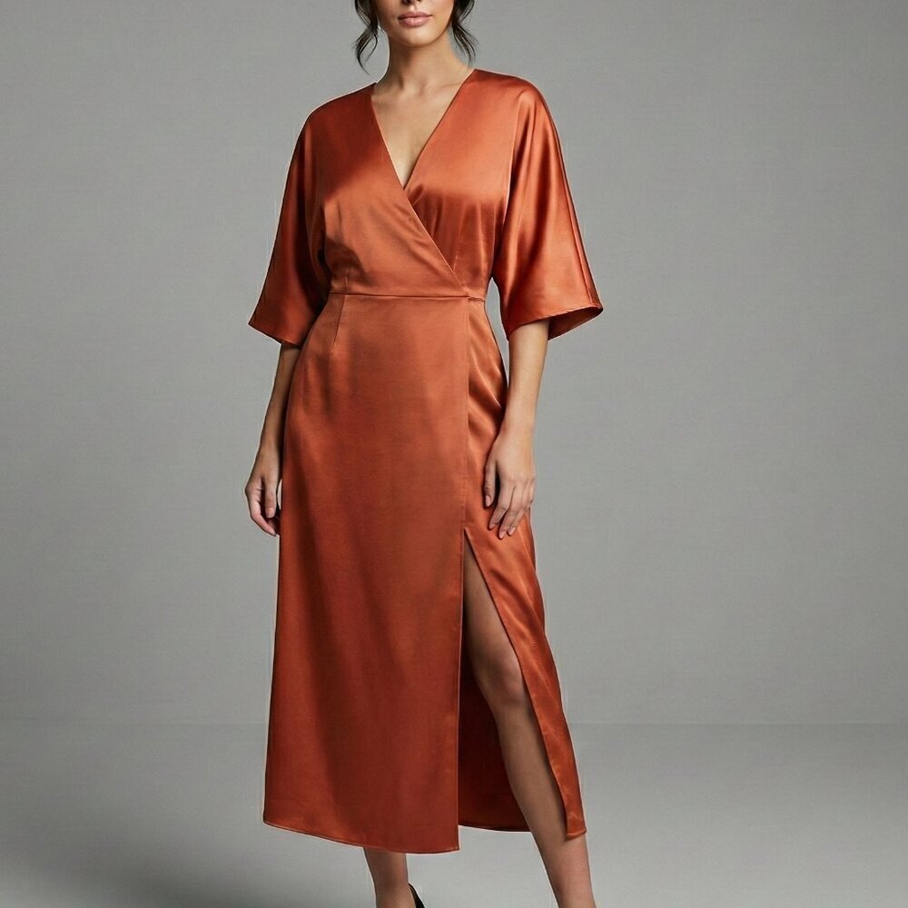 Aritzia Babaton Satin Dress Stanley Kimono Style Faux Wrap Burnt Orange  Copper